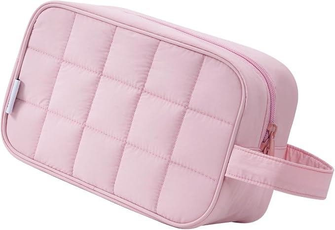 Narwey Quilted Makeup Bag Puffy Make up Bag Cosmetic Bag Organizer, Puffer Travel Toiletry Bag for Traveling Women Girls, Travel Bag for Toiletries, Skincare Medicine Bags (Pink) by Narwey