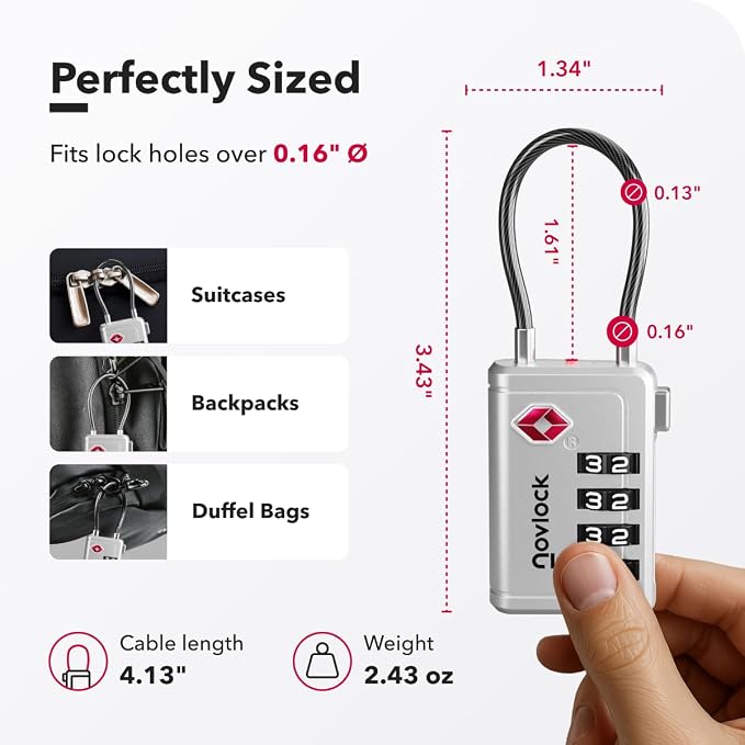 TSA Approved Luggage Locks, Travel Locks with Inspection Indicator | TSA008, Easy to Read Dials, 4 Digit Combination, Flexible Steel Cable, for Suitcases, Backpacks, Bags, 2-Pack, Silver - Image 2