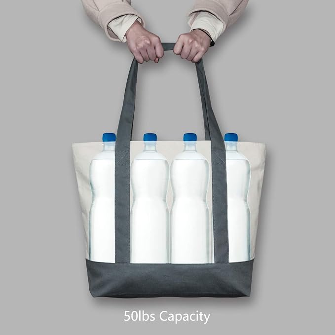 TOPDesign 3-Pack Canvas Tote Bags with an External Pocket, Reusable Grocery Shopping Bags, Top Zipper Closure, Daily Essentials (Grey/Natural) - Image 6