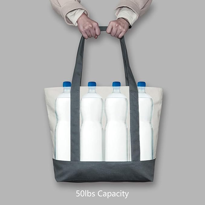 TOPDesign 1-Pack Canvas Tote Bag with an External Pocket, Reusable Grocery Shopping Bag, Top Zipper Closure, Daily Essentials (Grey/Natural) - Image 6