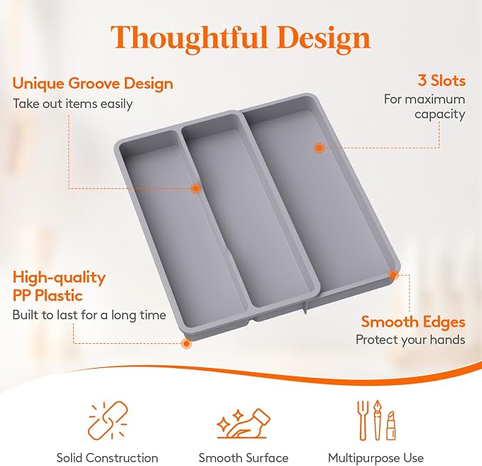 Lifewit Utensil Organizer for Kitchen Drawer, Expandable Cooking Tray | Adjustable Cutlery Flatware Holder, Plastic Silverware Spatula Tools Storage Divider, 8.9-14.4 x 15.8", Gray - Image 6