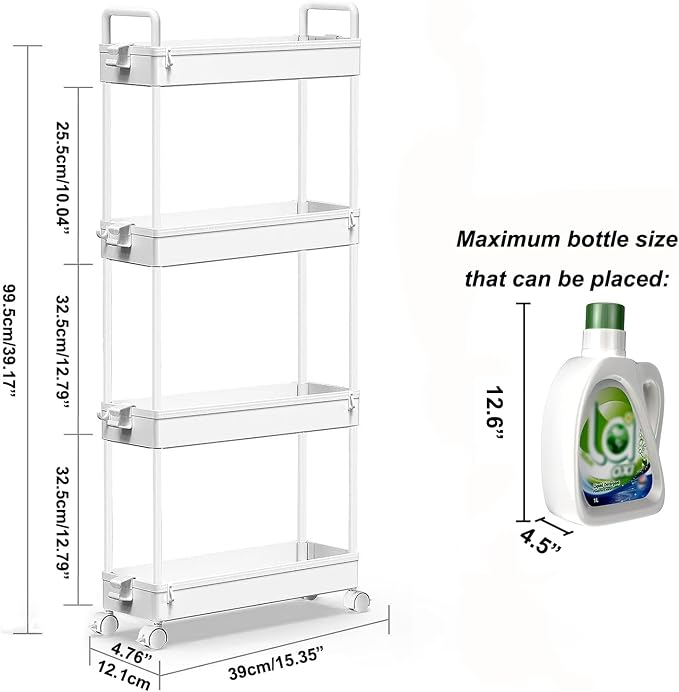 SOLEJAZZ Slim Rolling Storage Cart Skinny Bathroom Organizer, 4 Tier, White | Thin utility cart with wheels for bathroom, laundry room, bedside, kitchen, dorm, office, next to fridge, small narrow places - Image 2
