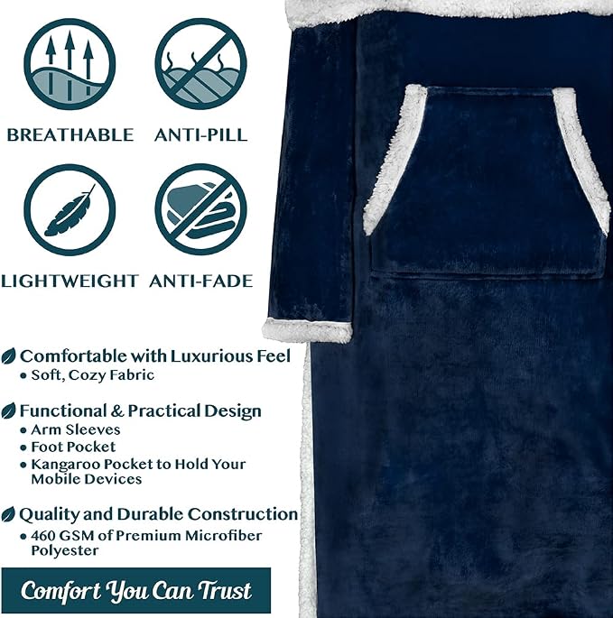 PAVILIA Sherpa Blanket with Sleeves, Foot Pocket for Women Men Adults, Thick Wearable Blanket Throw Wrap, Fleece Warm Snuggle Blanket Robe, Cozy Gift Ideas Wife Mom, Navy Blue - Image 4