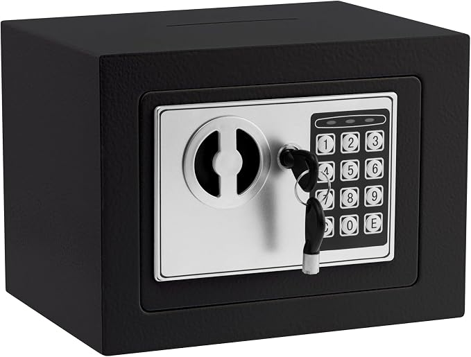 Small Electronic Safe Box With Digital Keypad & Keys - 9.05 x 6.7 x 6.7 Inches Wall Safe 0.23Cuft Mini Security Box for Coin Home Office Hotel Rooms Business Jewelry Gun (Black) by ELLAIG