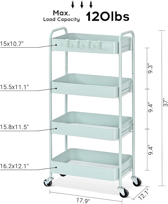 TOOLF 4 Tier Metal Rolling Cart, Utility Storage Cart with Wheels, Green | Screwless Assembly, Lockable Metal Wheels, Trolley Organizer for Bathroom, Kitchen, Office, Dorm, Laundry, Craft Room - Image 2