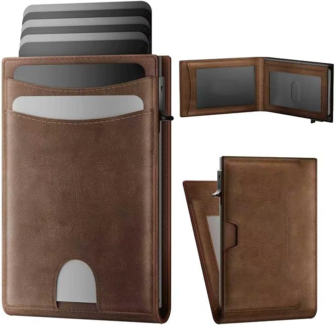 Wallet for Men: Pop Up Card Case, RFID Blocking, Slim, Minimalist, Genuine Leather, Front Pocket, Smart, Thin, Compact, Magnetic Flap Closure - 2 ID Windows, Up to 12 Cards & 15 Bills (Brown) by Unknown