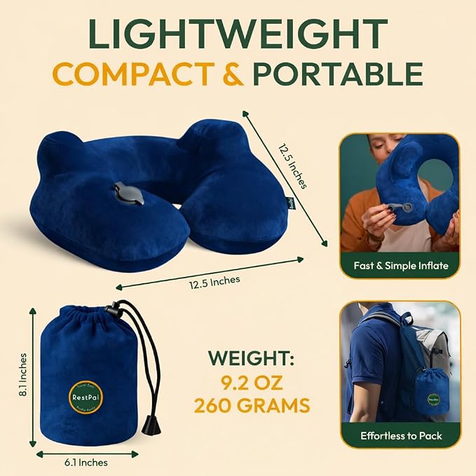 Inflatable Travel Neck Pillow with Adjustable Memory Foam Sides | Lightweight, Soft & Portable Support (Navy Blue, Standard) - Image 3