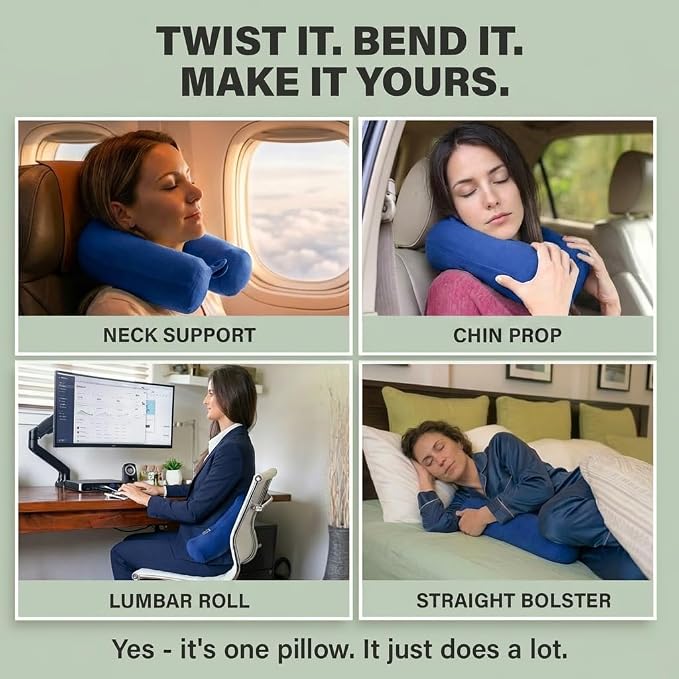 Dot&Dot Twist Memory Foam Travel Pillow, Bendable Neck Pillow for Airplane, Car and Home, 26-Inch Adjustable Roll with Washable Cotton Cover, Sapphire - Image 3