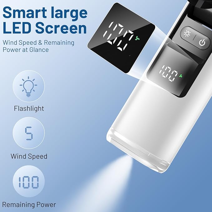 Lerat Portable Handheld Turbo Fan, 5 High-Speed Wind, Battery Operated, Up to 12H Runtime, 3 IN 1 Hand Fan with LED Display & Flashlight, Personal Cooling Fan for Travel, Outdoor, Beach Essentials - Image 5