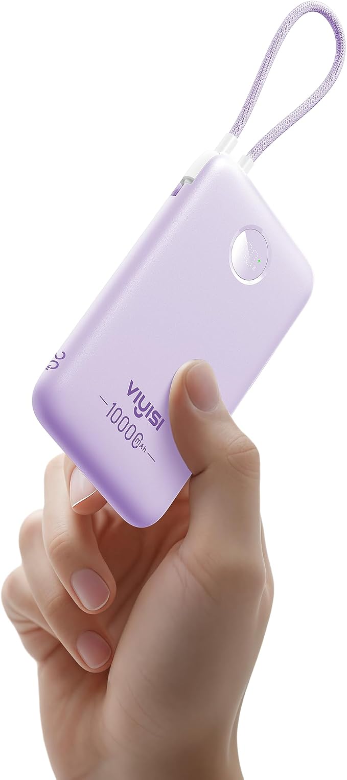 VIYISI 0.58” Slim Portable Charger Small 10000mAh with Built-in USB C Cable | 20W Compact Power Bank Fast Charging Battery Pack Stylish Travel Essential for iPhone 17 16 15 Samsung S25 A16 Android-Purple by VIYISI