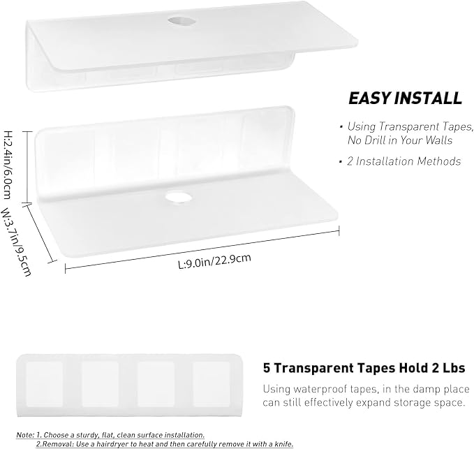 OAPRIRE Acrylic Floating Wall Shelves Frosted, No Drill, 9 Inch 2 Pack | Strong Tape Adhesive Wall Shelf, Easy Installation, Hole Design with Cable Clips, Small Spaces Bedroom Bathroom Living Room - Image 2