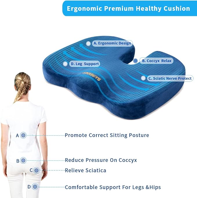 SAIREIDER Chair Cushions for Office, Memory Foam Coccyx Cushion Pads for Tailbone Pain, Car Seat Cushion, Sciatica Relief Pillow, Correct Sitting Posture (Navy Blue) - Image 2