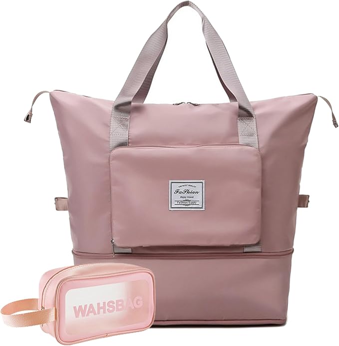 Large Capacity Travel Bag, Foldable Travel Bag, Expandable Duffel Bag, Collapsible Waterproof Large Capacity Handbag, Overnight Bags for Women and Man (Pink+Toiletry Bag) by DOJUNS