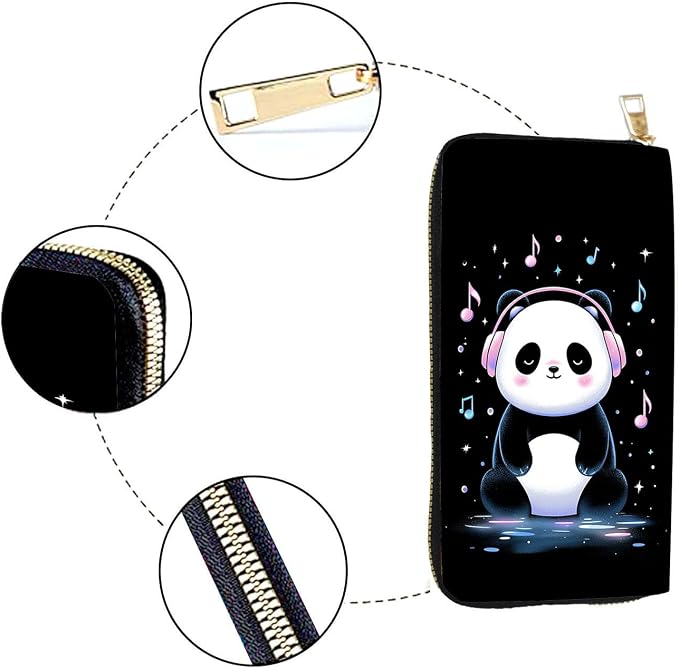Women's RFID Blocking PU Leather Zip-Around Wallet, Large Capacity Clutch with Phone Holder, Travel Purse & Card Organizer with Removable Wristlet,Cute Music Panda - Image 4