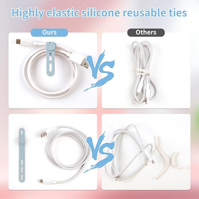 Oligei 25 Pcs Silicone Cable Ties, Cable Ties Reusable, High Elasticity Cord Wraps for Electrical Cords, Cord Organizer for Earphone, Phone Charger(Blue) - Image 4