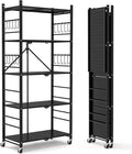 Himix 5-Tier Foldable Storage Shelves with 20 Hooks Wheels Kitchen Black | Folding shelving units, Metal collapsible organization, Wire rack, No assembly, Bookshelf, Garage, Pantry, Holds 440 Ibs by Himix