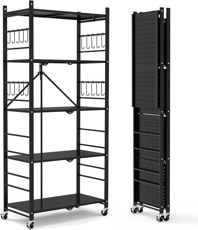 Himix 5-Tier Foldable Storage Shelves with 20 Hooks Wheels Kitchen Black | Folding shelving units, Metal collapsible organization, Wire rack, No assembly, Bookshelf, Garage, Pantry, Holds 440 Ibs by Himix