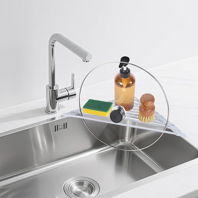 HANZENMA Triangular Sink Rack, Multi-Functional Rack Above the countertop, Foldable Sink Drying mat, Heat-Resistant, Non-Slip, and Rust-Proof Dish Rack (Gray) - Image 7
