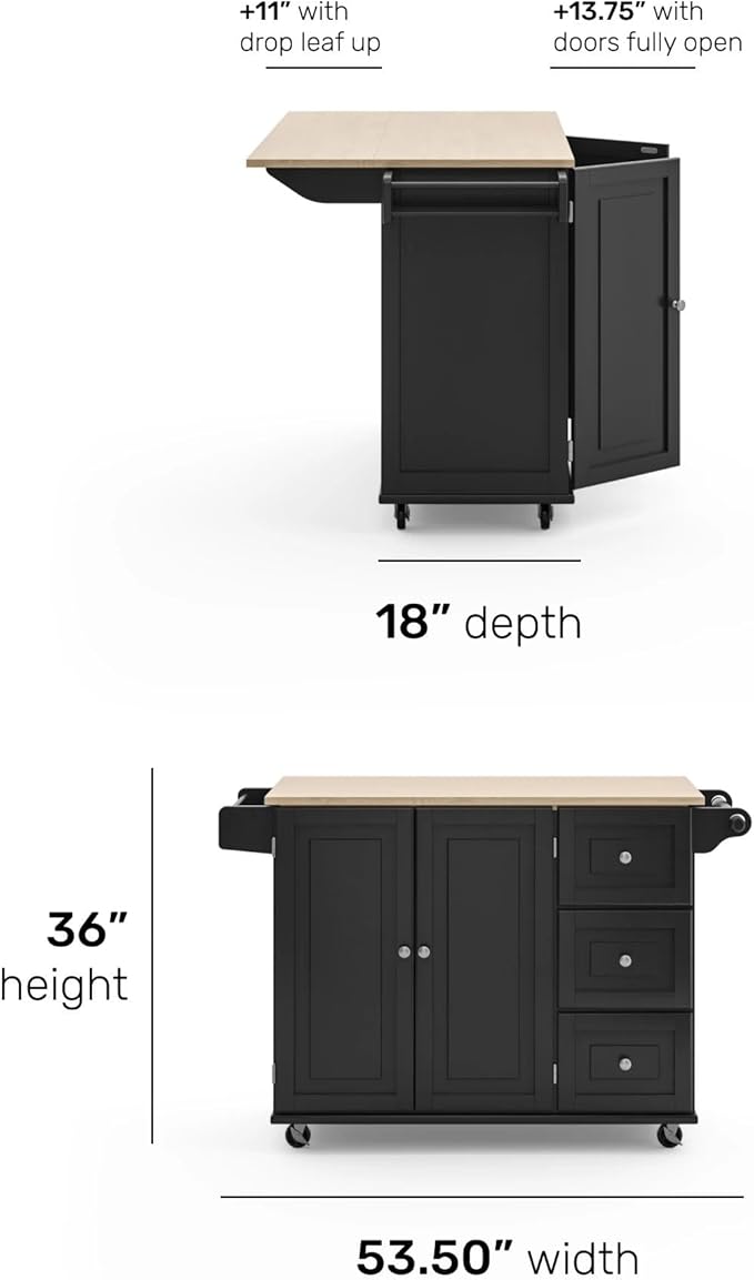 Homestyles Dolly Madison Black Mobile Kitchen Island Cart with Wood Drop Leaf Breakfast Bar - Image 2