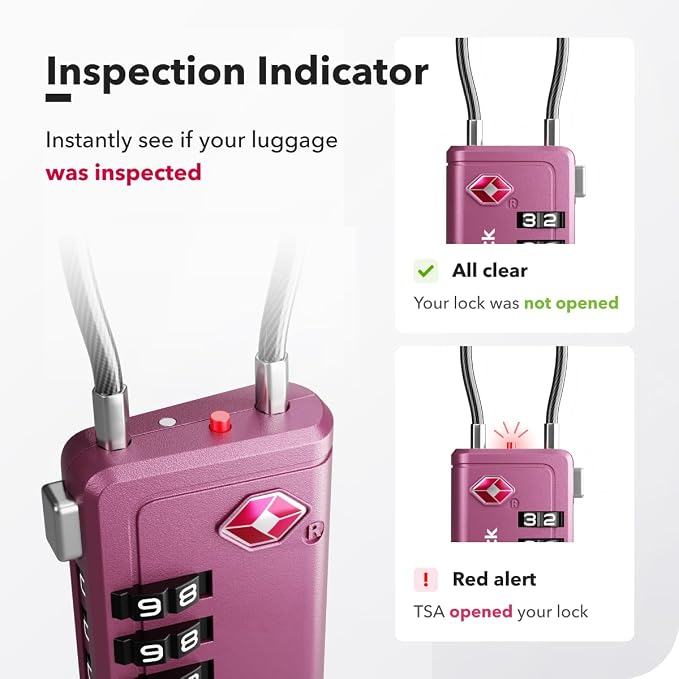 TSA Approved Luggage Locks, Travel Locks with Inspection Indicator | TSA008, Easy to Read Dials, 4 Digit Combination, Flexible Steel Cable, for Suitcases, Backpacks, Bags, 2-Pack, Purple - Image 5
