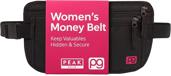 Peak Gear Women’s Money Belt - Hidden Travel Waist Pouch for Women | RFID Blocking, Slim Under-Clothes Passport Holder with PeakCharm Jewelry Pocket + 2 ReturnMe™ Recovery Tags by Peak+Gear