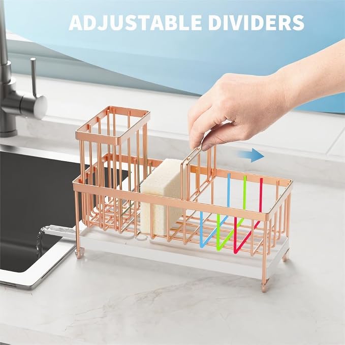 Cisily Sponge Holder for Kitchen Sink, Sink Caddy Organizer with High Brush Holder, Kitchen Countertop Organizers and Storage Essentials, Rustproof 304 Stainless Steel (Rose Gold, 9.25″) - Image 3