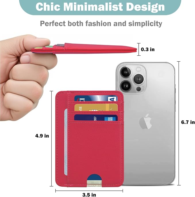 Slim Wallet for Men, Minimalist Front Pocket Simple Leather Credit Card Holder RFID Blocking for Men & Women, Thin Organizer Gifts, Litchi - Hot Pink - Image 3