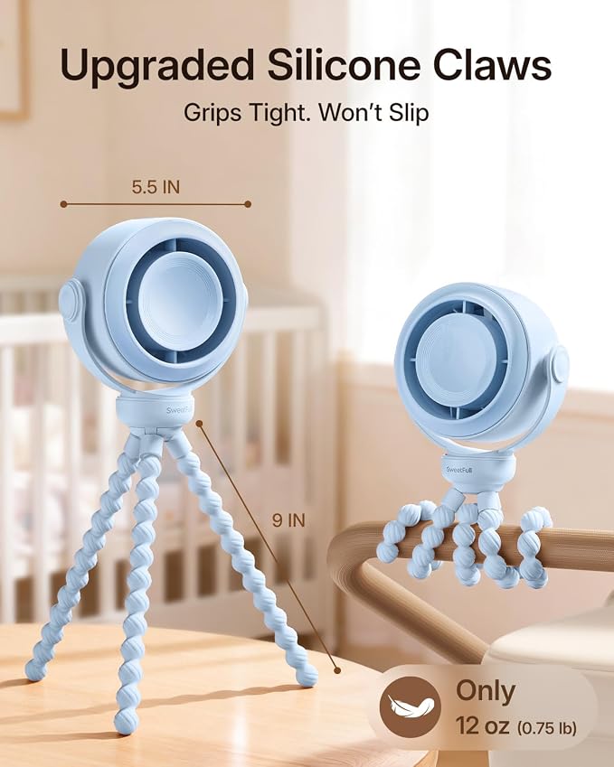 SWEETFULL Portable Stroller Fan, Pinch-Proof Baby Fan - Blue | Wide Turbine Airflow; Safe Design; LED Display; 5-Speed; 30dB Quiet; USB-C Rechargeable; Mini Clip On Fan for Car Seat & Bed - Image 6