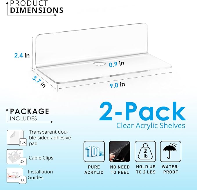 OAPRIRE Acrylic Floating Wall Shelves Clear, No Drill, 9 Inch 2 Pack | Strong Tape Adhesive Wall Shelf, Easy Installation, Hole Design with Cable Clips, Small Spaces Bedroom Bathroom Living Room - Image 2