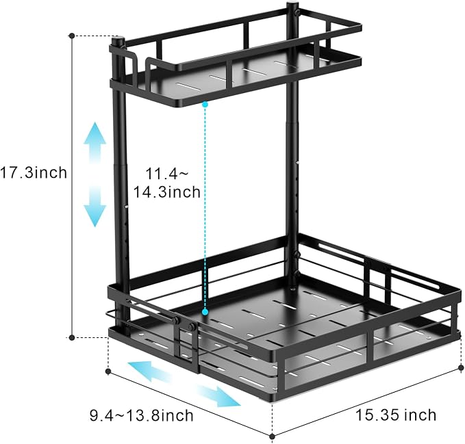 Under Kitchen Sink Organizer - L-Shaped Pull Out Shelf, 2 Pack | L-Shaped Fit Around Garbage Disposal, Adjustable Shelves, Pull Out Access, For 30-36 Inch Sink Cabinet, 2 Pack Black - Image 8