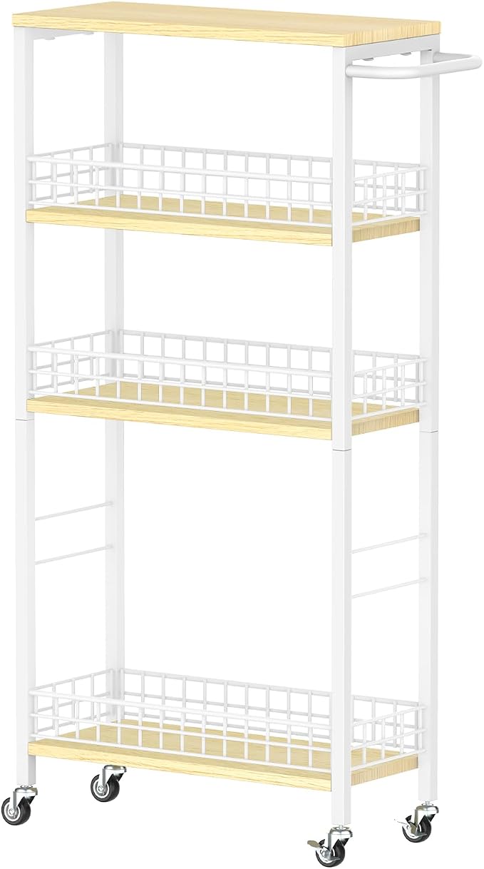 NOVIMANGO Slim Storage Cart White 4 Tier Rolling Cart with Wheels | Slim Rolling Cart for Kitchen, Narrow Storage Cabinet for Bathroom, with Wood Tabletop, for Narrow Spaces by NORCEESAN