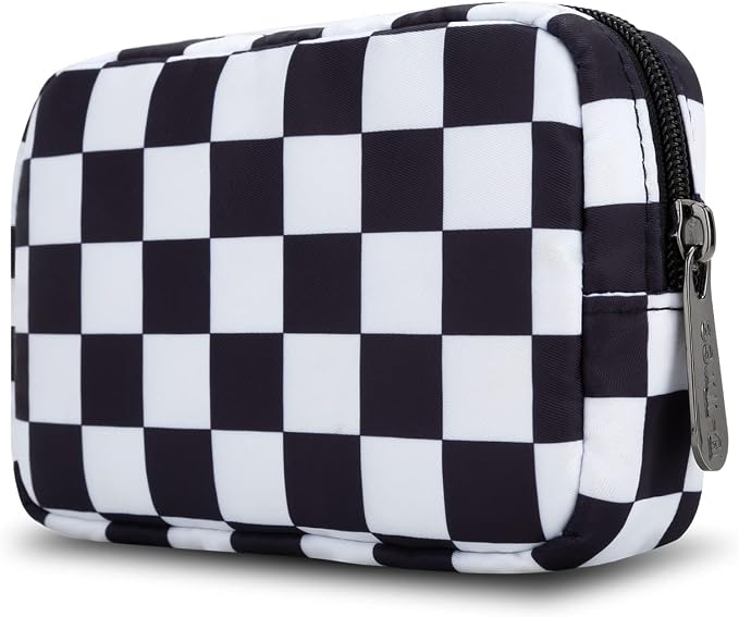 E-Tree Cute Small Makeup Bag, Cosmetic Toiletry Skin Care Make up Little Items Pouch for Purse,Zipper Mini Tech Charger Cable Electronic Organizer Case,Travel Accessories for Women Men Teen,Checkered by E-Tree