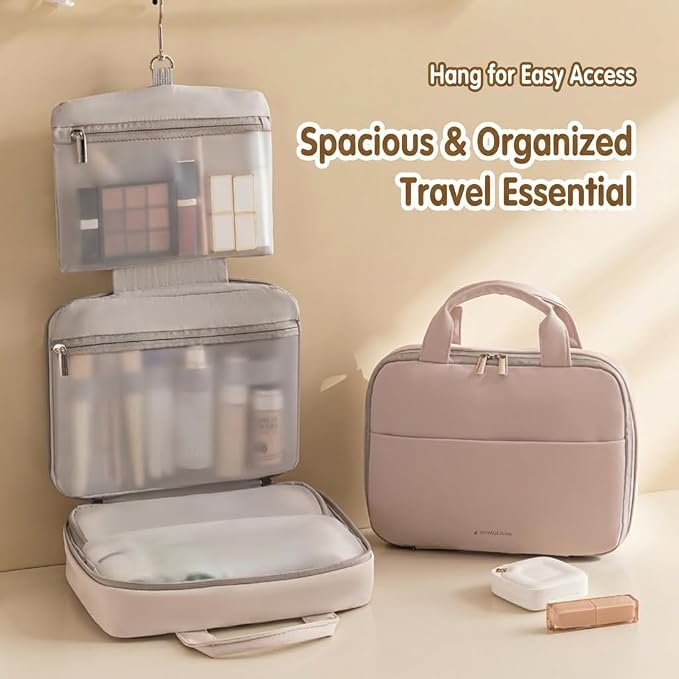 Hanging Travel Toiletry Bag for Women, 3-Tier Makeup Organizer, Large Capacity Waterproof PU Leather Cosmetic Case, Travel Essentials (Mist Rose) - Image 4