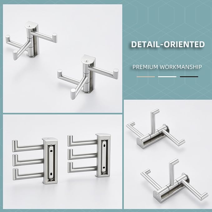 Angle Simple Brushed Nickel Towel Hooks, Swivel Coat Wall Hook, 2 Pack | Robust 304 Stainless Steel, Foldable Robe Towel Holder, Bathroom Kitchen Closet Space Saver for Home Storage, Screws Mounted - Image 9