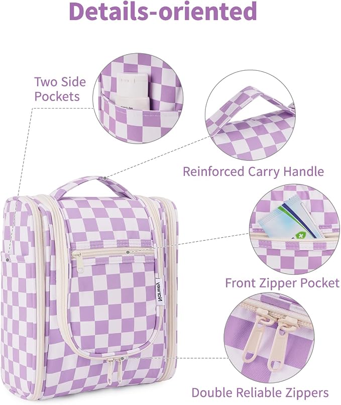 Narwey Small Checkered Hanging Travel Toiletry Bag for Women, Travel Bag for Toiletries, Makeup Bag Organizer Cosmetic Bags Make Up Bags for Women (Purple Checkerboard) - Image 6