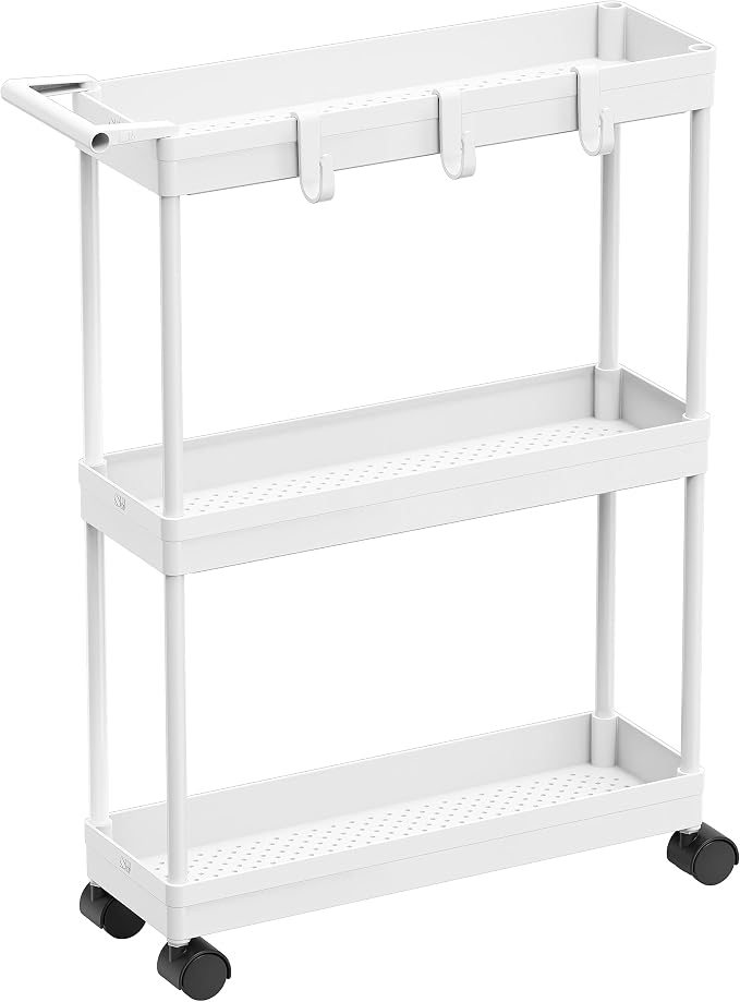 Simple Houseware 3-Tier Slim Rolling Cart w/Handle 5.5" Wx27.5 H, White | Storage Cart for Narrow Space (5.5-Inch Wide) Kitchen, Bathroom, Laundry Room by SimpleHouseware