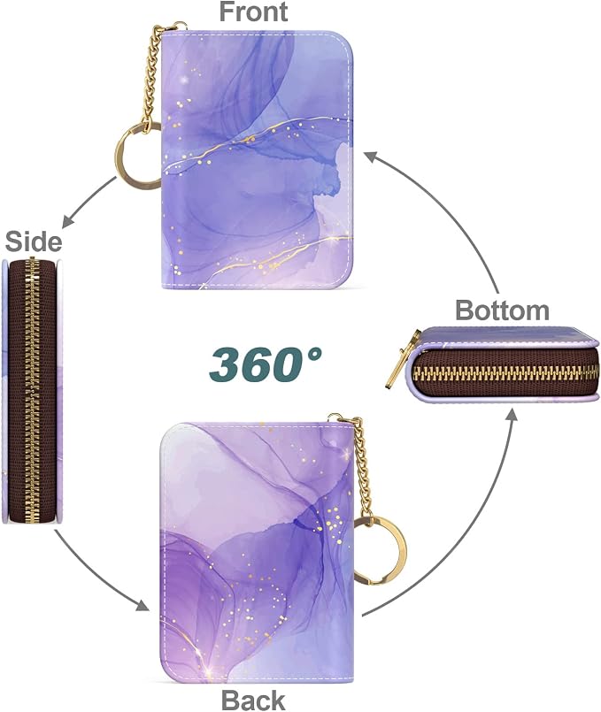 Nipichsha Women's Slim Leather RFID Wallet, Purple Marble, Compact Size, 12-Slot with Zipper and Keychain | Leather Card Holder Wallet, Credit Card Wallet Organizer, Business Card Case with Zipper & Keychain, 12-Slot Compartment - Image 2