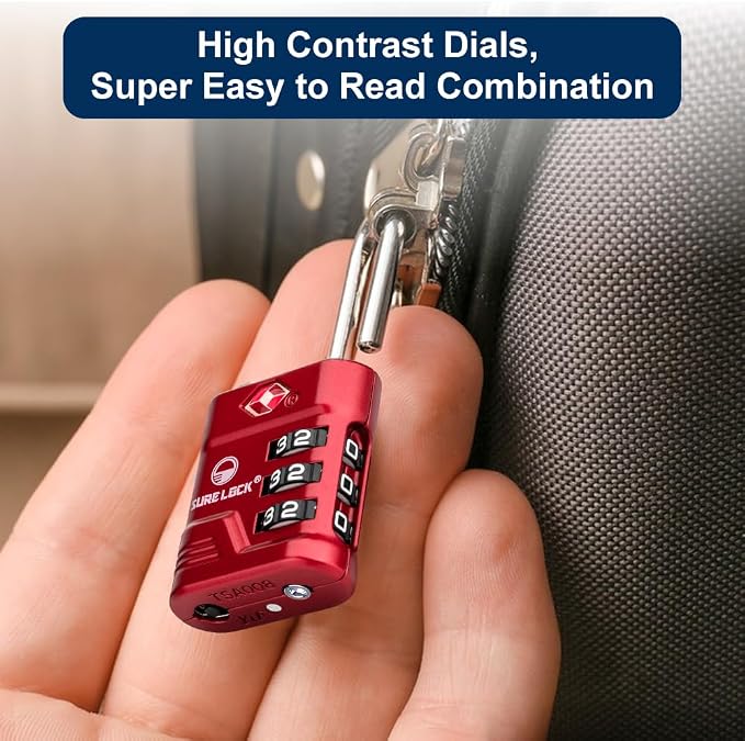 SURE LOCK TSA Approved Luggage Lock – 3-Digit Resettable Combination Padlock with Open Alert Red Dot, Large Easy-Read Dials for Suitcases, Backpacks, Gym & School Lockers(Red 2 pk) - Image 6