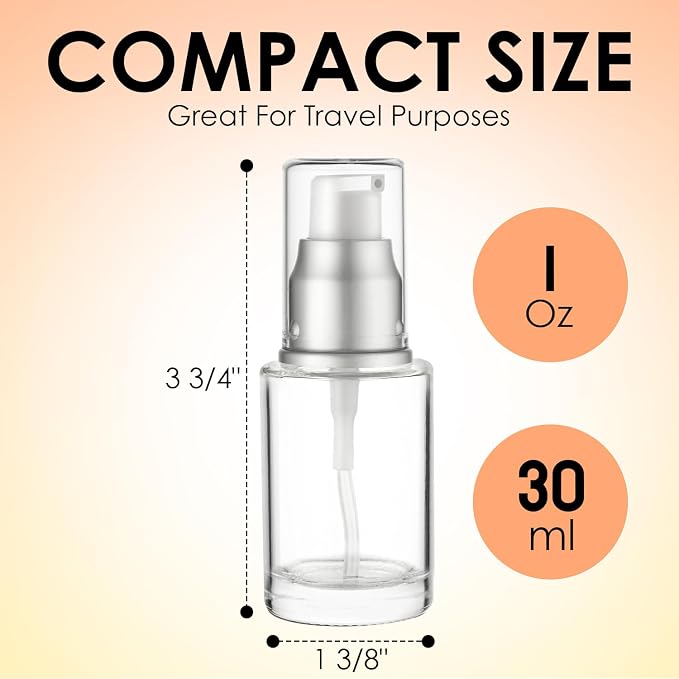 Clear Glass Pump Bottle (6-Pack) 1 Oz 30ml - Refillable, Silver Cap | Luxury, Lotion, Serum, Foundation, Body Cream, Sanitizer, Cosmetics, Travel - Image 3