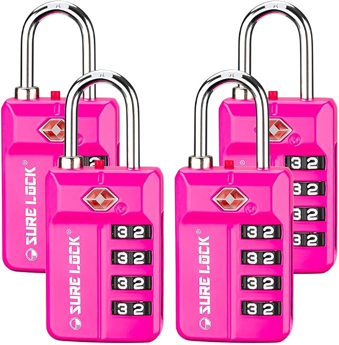 SURE LOCK TSA-Approved 4-Digit Resettable Combination Lock with Open Alert, Easy-Read Dials - for Luggage, School Lockers, Gym, Office, Toolbox & Security Cases (Pink 4 Pack) by Hopeyoucanstaysafe