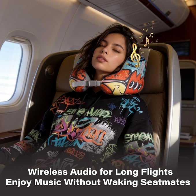 Bluetooth Travel Neck Pillow, Memory Foam | Built-in Headphones, Neck Support, Airplane Sleep, Noise Reducing, Adjustable Fit, Flights, Cars, Trains - Image 3
