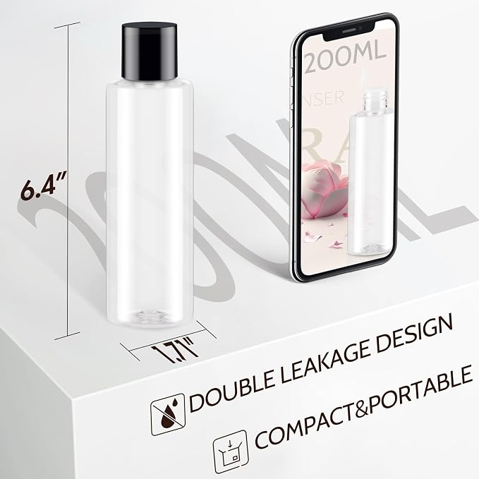 200ML Travel Size Toiletries, 3 Pack Clear Travel Size Containers | Double Leak Proof & Refillable Plastic Travel Bottles for Shampoo, Lotion, Body Wash with 6pcs Labels (Clear) - Image 2