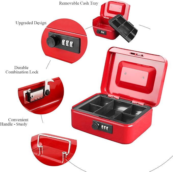 Jssmst Medium Cash Box with Combination Lock - Durable Metal Cash Box with Money Tray Red, 7.87 x 6.3 x 3.35 inches, CB0703M - Image 3