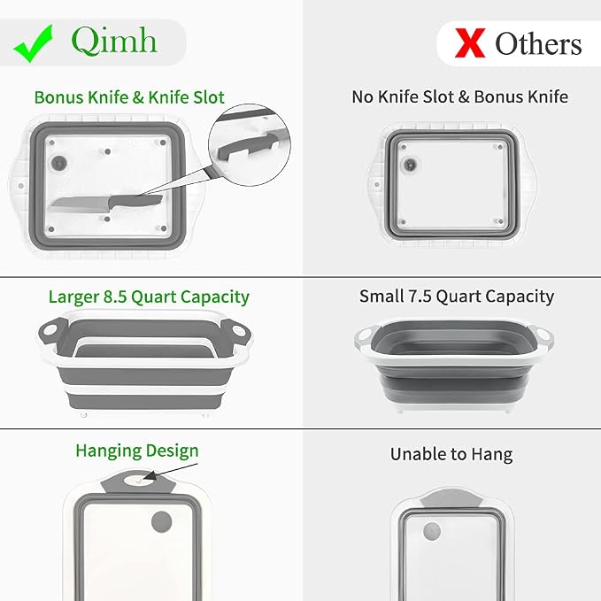 QiMH Collapsible Cutting Board - Foldable Multi-function Dish Tub - Washing and Draining Veggies Fruits Food Grade Sink Storage Basket(8.5 Quart) - New Kitchen and Camping Essentials(Knife Included) - Image 4