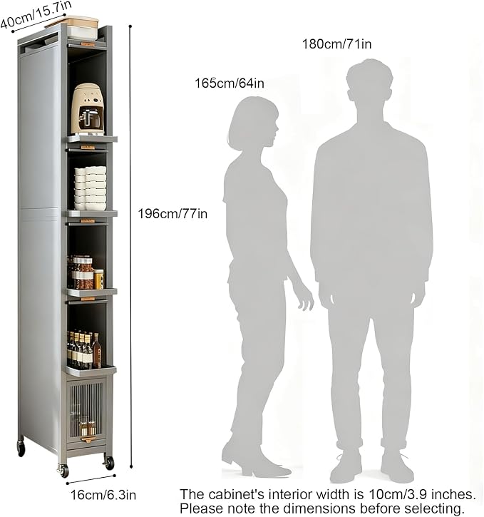 6-Tier Tall Narrow Mobile Shelf Organizer, Slim Storage Cart on Wheels | Pull Out Cabinet Organizer for Small Space Kitchen Space Saving, with Transparent Flap Door Design, Grey - Image 2