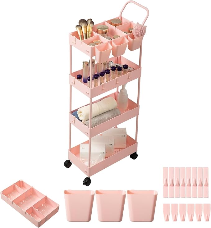 Danpinera 4-Tier Pink Slim Storage Cart, Narrow Laundry Cart with Wheels, Dividers, Hanging Cups, Hooks, Easy Assembly - Image 9