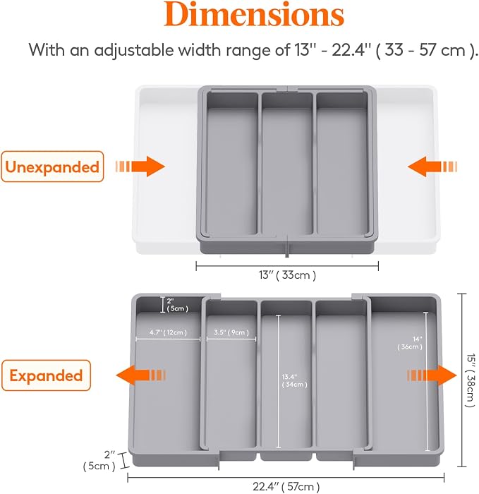 Lifewit Utensil Organizer for Kitchen Drawers, Expandable Utensil Tray | Adjustable Cooking Cutlery Silverware Flatware Holder, Plastic Spatula Tools Storage Divider, 13-22 x 15", Gray - Image 2