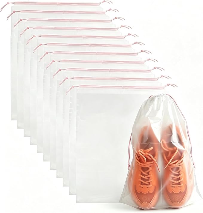 PLULON 12 Pcs Shoe Bags Waterproof Drawstring for Travel 15.7" x 11.8" | Transparent Storage Plastic Bag Shoes Organizer for Packing Waterproof Dustproof Beach Vacation Cruise Travel Essentials by PLULON