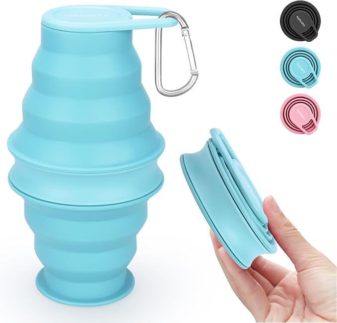 Nefeeko Collapsible Water Bottle, BPA Free Silicone Foldable Water Bottles | 17oz(500ml) Reuseable Water Bottles for Travel Gym Camping Hiking, Portable Leak Proof Sports Water Bottle with Carabiner by Nefeeko