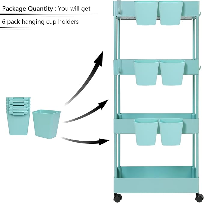 6 Pack Hanging Cup Holders for Rolling Carts, Teal, 2.4in x 3.5in x 4.5in - Image 5